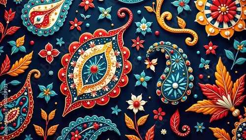 Classic paisley print, rich jewel tones and flowing lines , print, surface pattern, high resolution