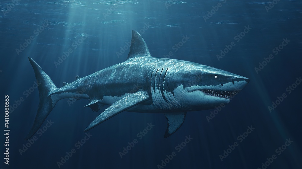 Fototapeta premium Sleek megalodon glides through deep ocean, embodying power and grace in its streamlined form. 