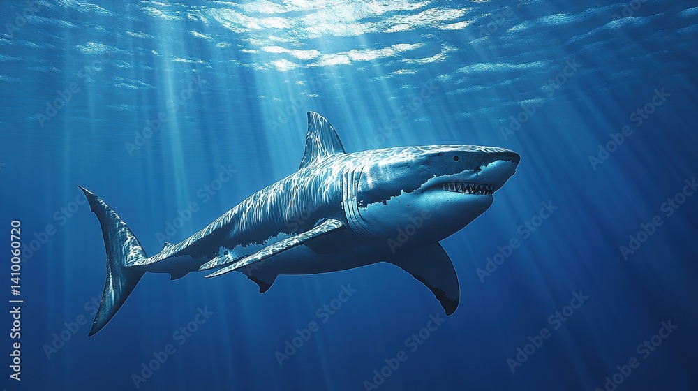 Naklejka premium Sleek megalodon glides through deep ocean, embodying power and grace in its streamlined form.