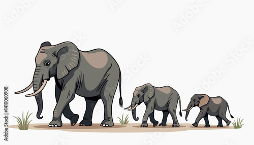 Elephant family walking with soft gray coloring and outlined tusks in linear illustration