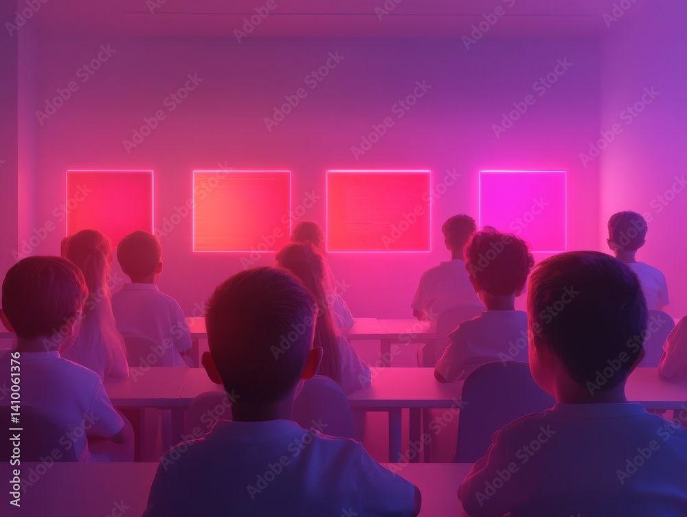 Fototapeta premium Futuristic classroom with children learning coding in neon lit environment