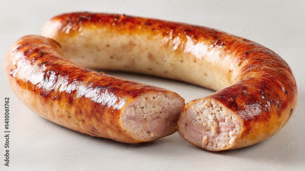 Delicious grilled sausage circle on a light backdrop showcases culinary artistry and appetizing presentation Delicious grilled sausage circle on a light backdrop showcases culinary artistry and appetizing presentation