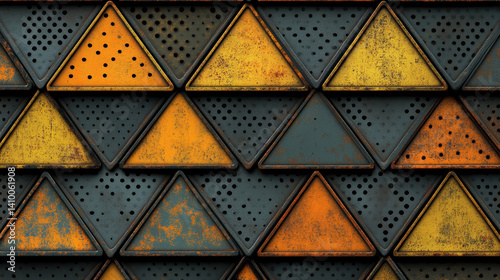 Intricate abstract pattern featuring textured triangles in vibrant orange, yellow, and blue tones, ideal for design projects, backgrounds, or art themes
