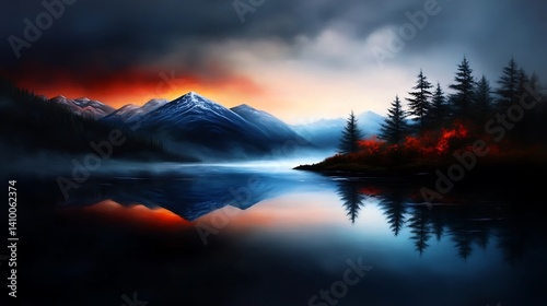 Majestic mountain range reflected in a serene lake at dawn.