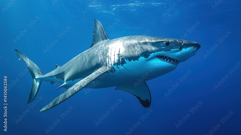 Fototapeta premium Sleek megalodon glides through deep waters, contrasting with a bulky silhouette in the background, embodying elegance and power. 