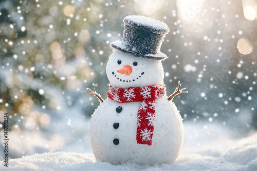 Snowman Wearing a Top Hat and Scarf Smiling in a Snowy Landscape. photo
