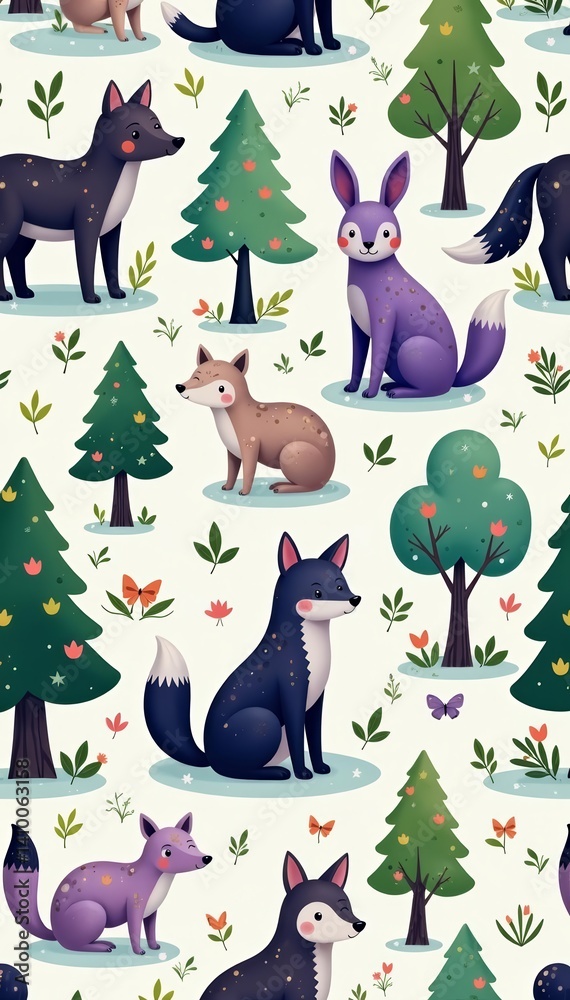 Naklejka premium Seamless vector pattern with cute forest animals in shades of purple and green, cute, pattern