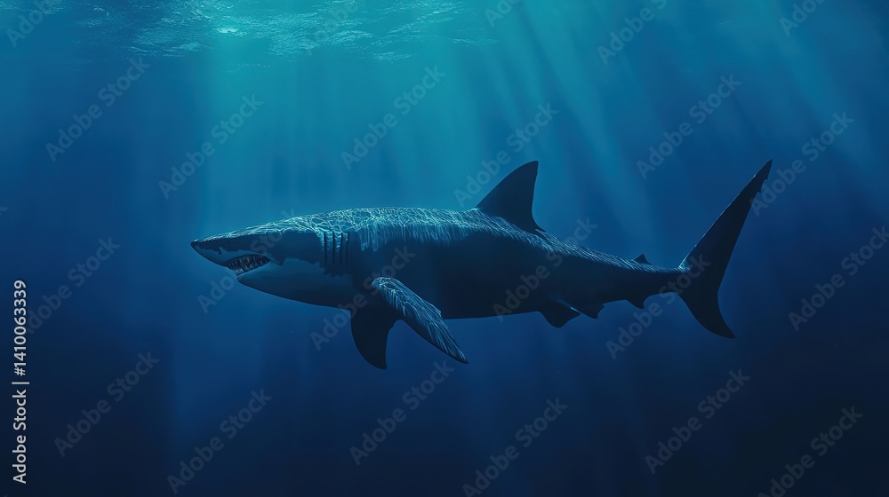 Fototapeta premium Sleek megalodon glides through deep waters, contrasting with a bulky silhouette in the background, embodying elegance and power. 