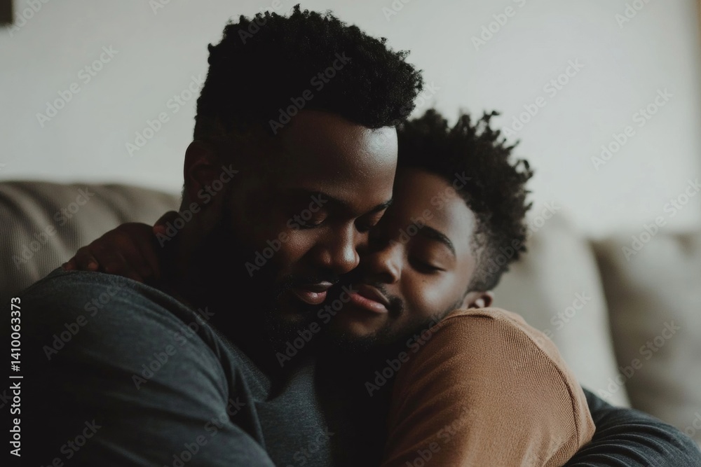 Portrait of black father and son hugging on couch Portrait of black father and son hugging on couch