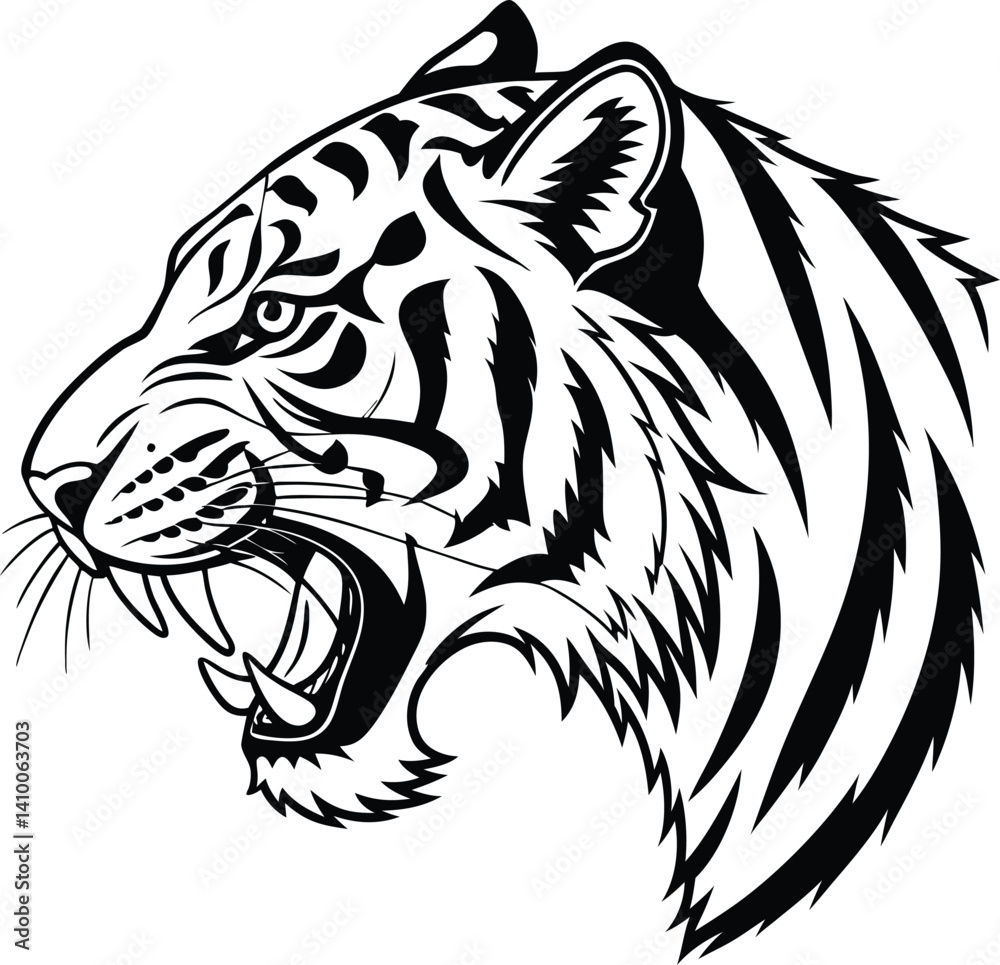 Fototapeta premium Black and White Roaring Tiger Head Vector Illustration
