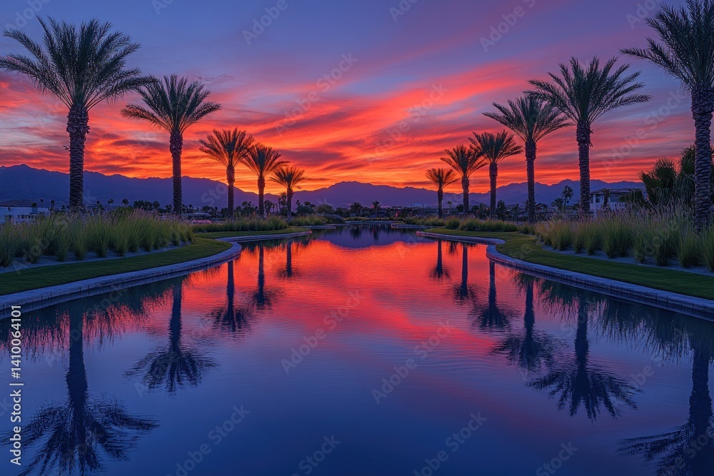 Obraz premium Sunset reflection on calm water. Palm trees line a tranquil waterway