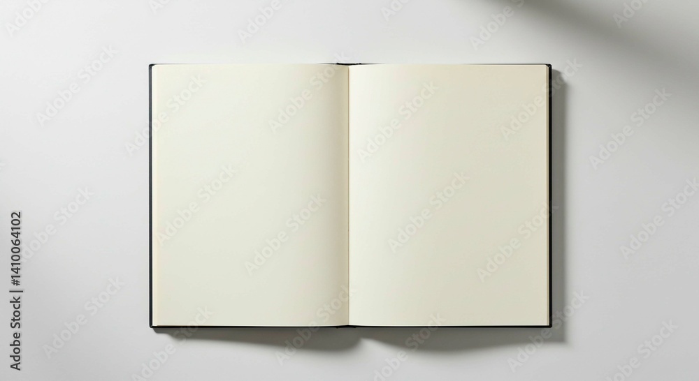An open blank notebook with a black cover lies on a white surface with soft shadows in the background An open blank notebook with a black cover lies on a white surface with soft shadows in the background