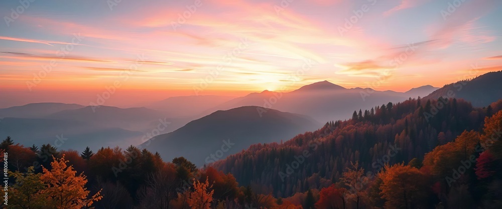 Obraz premium Dreamy, misty mountain peaks at sunrise/sunset Minimalist autumnal palette Ample copy space, gold, autumn
