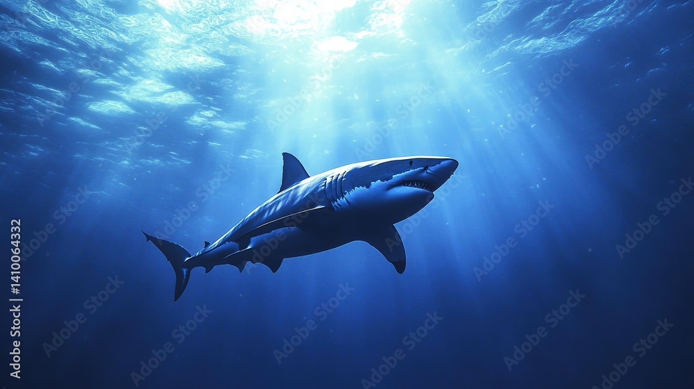 Fototapeta premium Sleek megalodon glides through deep waters, contrasting with a bulky silhouette in the background, embodying elegance and power.