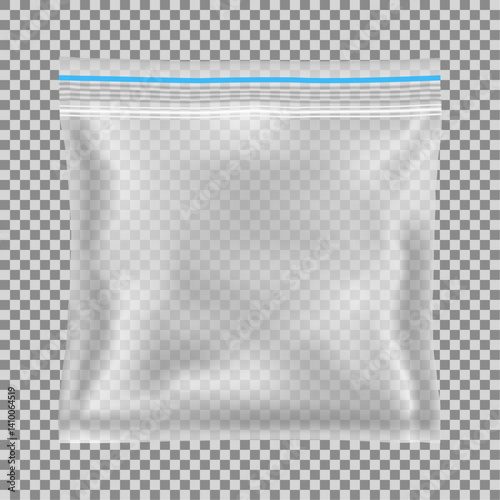 Clear glossy plastic bag with zip lock on transparent background. Empty resealable blank Polyethylene package mockup. Realistic vector mock-up. Can be use for template your design, promo, adv.	