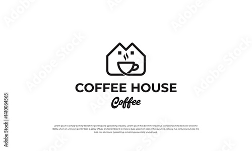 logomark, pictogram logo combination house building and cup of tea and coffee. simple, minimalist, modern style.