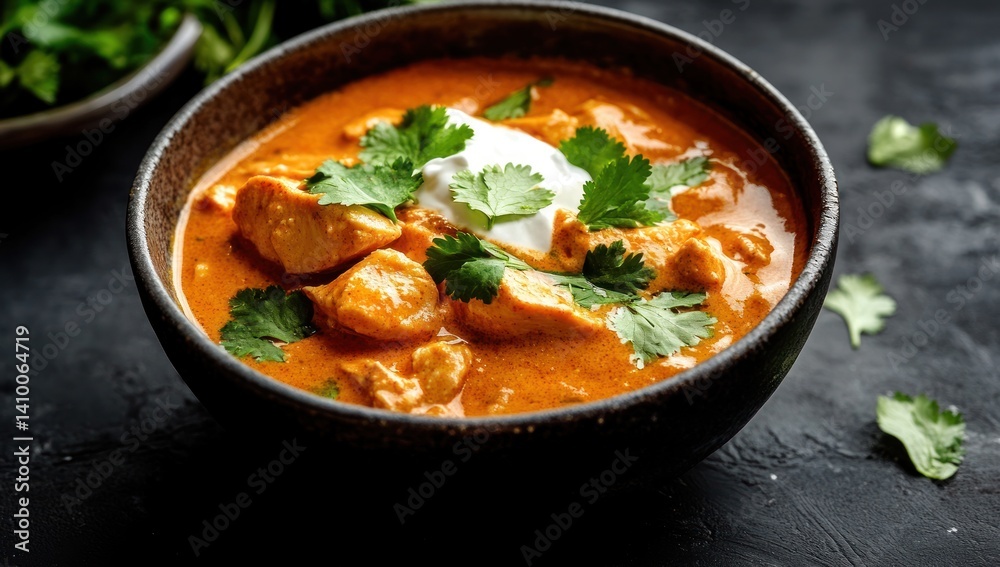 Bowl of orange soup with chicken and herbs on dark surface.
