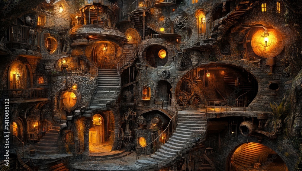 Intricate subterranean city, lit by warm glowing lights. Complex network of tunnels, staircases, and dwellings carved into rock Intricate subterranean city, lit by warm glowing lights. Complex network of tunnels, staircases, and dwellings carved into rock