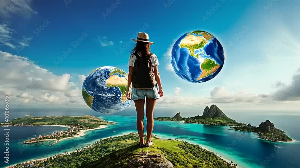 Woman gazing at floating Earth globes above islands