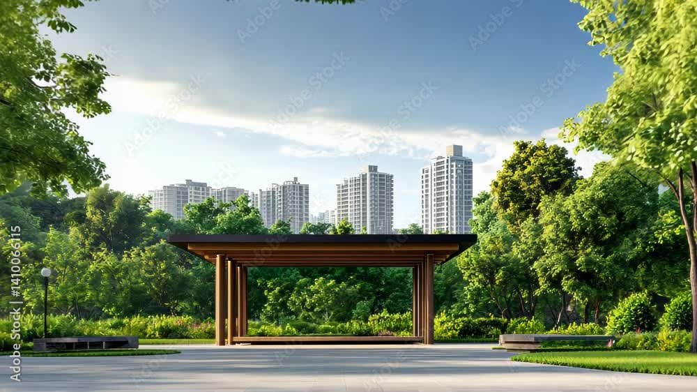 Tranquil park gazebo overlooking city skyline