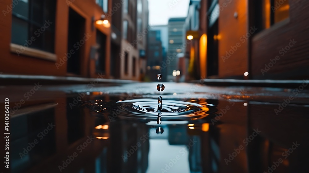 Urban alleyway puddle, a single drop's impact. Urban alleyway puddle, a single drop's impact.