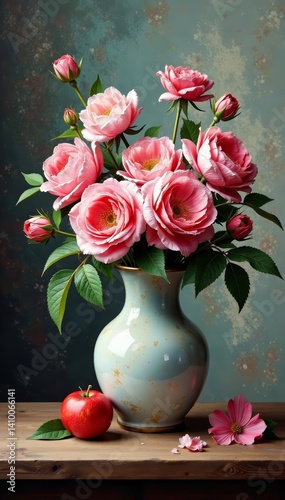 Vibrant oil painting of a delicate vase with blooming flowers in a rustic setting, vibrant, rustic, flowers