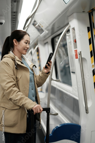 Young Woman Using Phone While Traveling on Subway