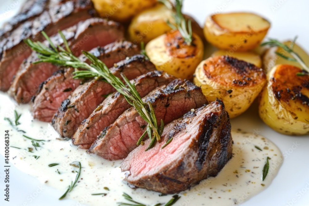 Sliced steak with roasted potatoes and sauce on a white plate. Sliced steak with roasted potatoes and sauce on a white plate.