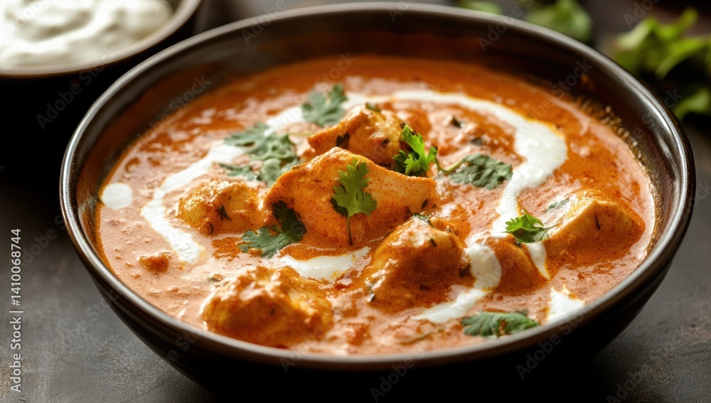 Bowl of orange curry with chicken and cream sauce garnished with herbs. Bowl of orange curry with chicken and cream sauce garnished with herbs.