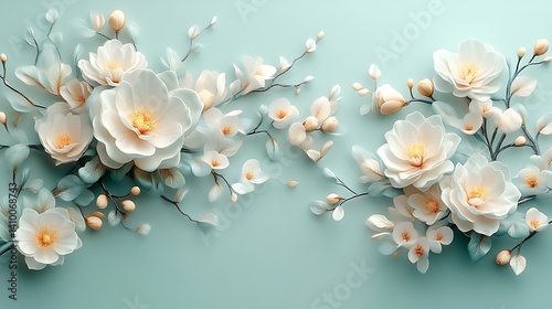 Elegant White Magnolia Blossoms Arranged on Teal Background