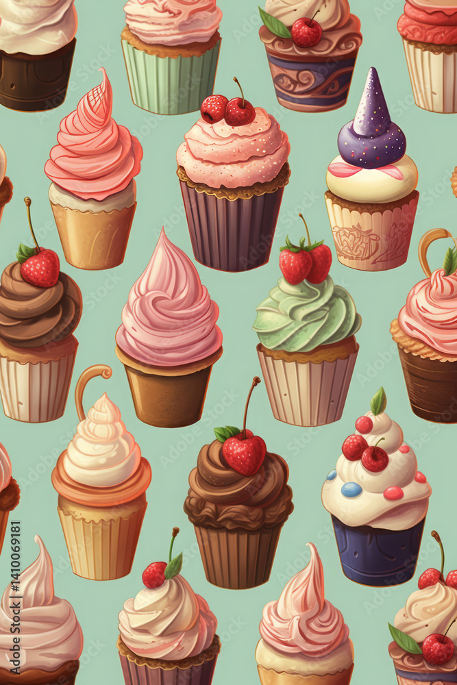 Beautiful selection of hand-painted watercolor cupcakes, cakes, and ice cream Beautiful selection of hand-painted watercolor cupcakes, cakes, and ice cream