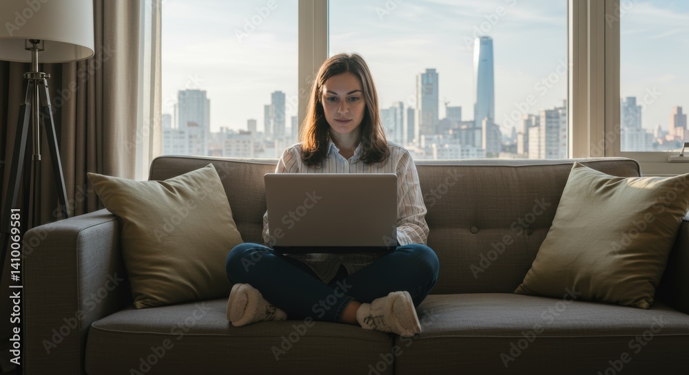 Young women working remotely on laptops at home, cozy modern apartment with city view through large windows
Young women working remotely on laptops at home, cozy modern apartment with city view through large windows