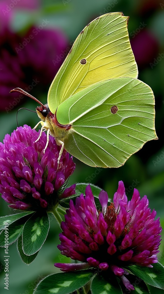 Lime Butterfly Perched on Crimson Clover in a Lush Garden Nature Photography Macro View Vibrant Ecosystem