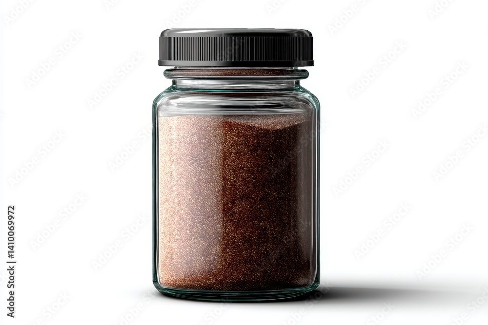 Transparent Glass Jar with Brown Granules Content on a Plain White Surface Studio Setting Fresh Look Transparent Glass Jar with Brown Granules Content on a Plain White Surface Studio Setting Fresh Look