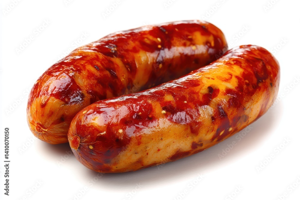 Two Delicious Grilled Sausages on a White Surface Ready for a Meal with Great Texture and Color Two Delicious Grilled Sausages on a White Surface Ready for a Meal with Great Texture and Color