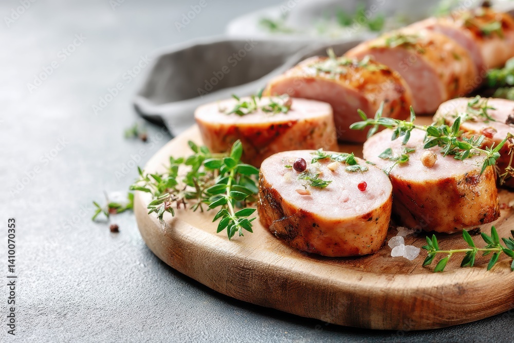 Close up image of sliced sausage on a rustic wooden cutting board with thyme herb topping Close up image of sliced sausage on a rustic wooden cutting board with thyme herb topping