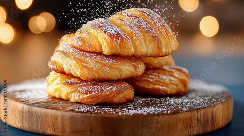 Golden crispy croissants arranged on a rustic wooden board with powdered sugar in warm lighting