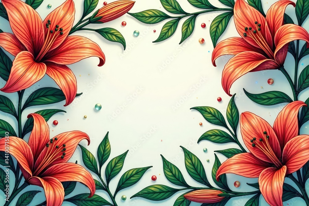 Intricate line art lilies & foliage, geometric floral textile design, black, textile, elegant