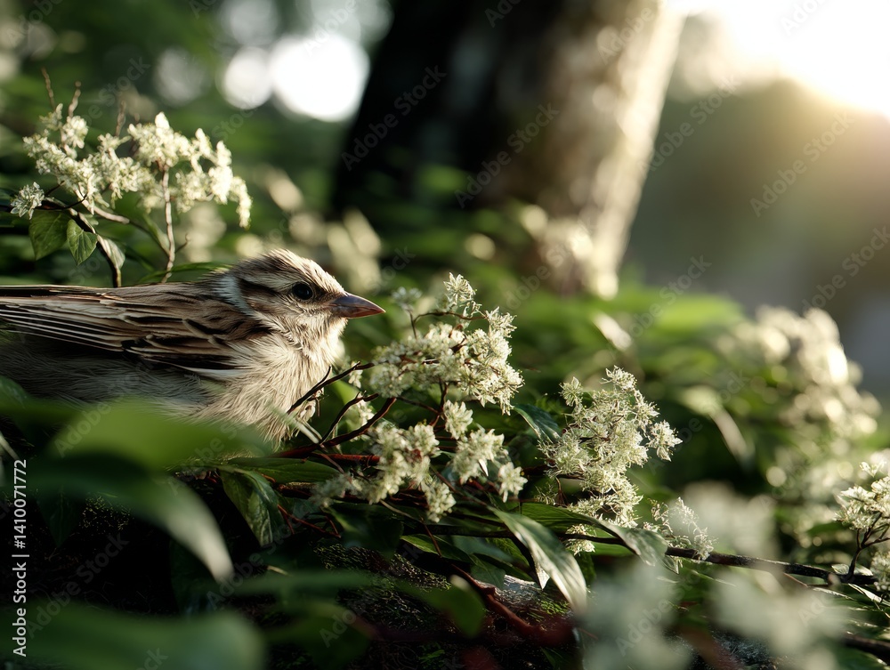 Naklejka premium Serene Sparrow Perched Amongst Blossoming Flora in a Sunlit Garden Nature Photography Tranquil Environment Close-Up View