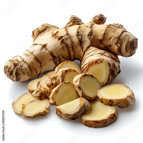 Fresh Ginger Delight: A vibrant macro shot of ginger root, with sliced segments arranged nearby, presenting its raw natural goodness and culinary charm.