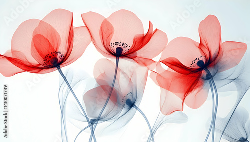 Abstract red flowers, light background, simple shapes, soft lines, delicate, in the  of X-ray