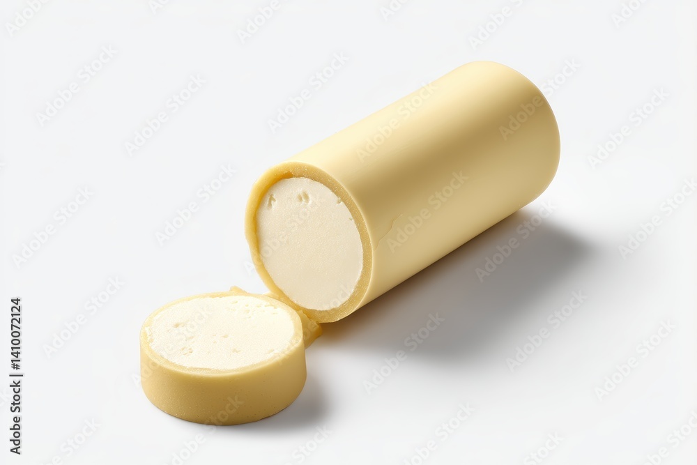 Cylindrical foam roll cut to show inner material with circular piece on a clean white background Cylindrical foam roll cut to show inner material with circular piece on a clean white background