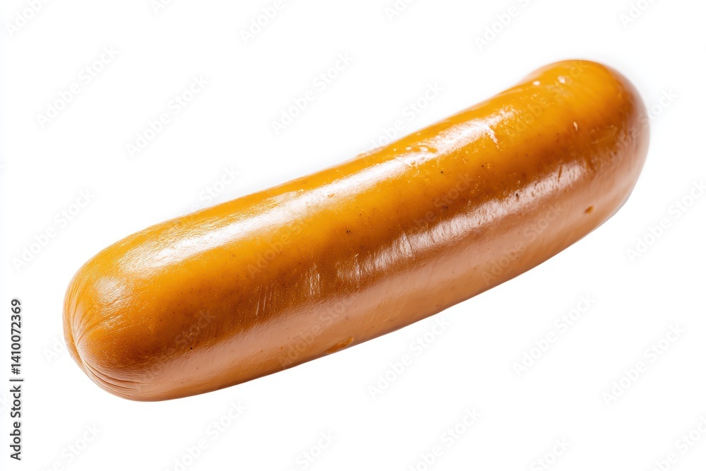 Single juicy grilled sausage on white background with golden color and delicious flavor in center view Single juicy grilled sausage on white background with golden color and delicious flavor in center view