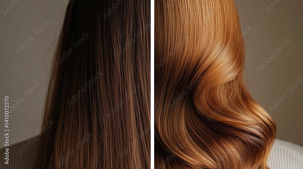 A comparison of natural brown and highlighted auburn hair. A comparison of natural brown and highlighted auburn hair.