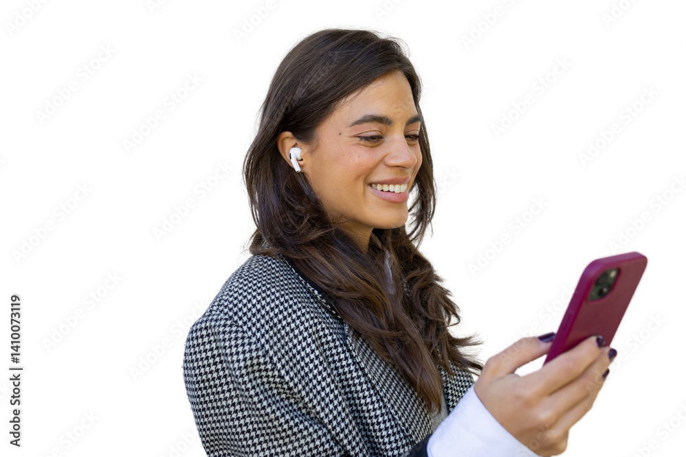 Cheerful businesswoman wearing wireless earbuds using a smartphone, isolated on transparent background Cheerful businesswoman wearing wireless earbuds using a smartphone, isolated on transparent background