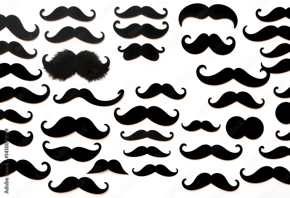 Collection of diverse black silhouette moustache shapes on white background , symbol, collection Collection of diverse black silhouette moustache shapes on white background , symbol, collection