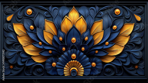 This stunning floral design combines blue and gold tones, showcasing intricate details and elegant textures, perfect for enhancing decorative projects or home decor