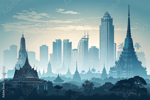 Abstract gradient background from dark grey at the bottom to pastel blue at the top, adding shadows of Thai buildings and temples.