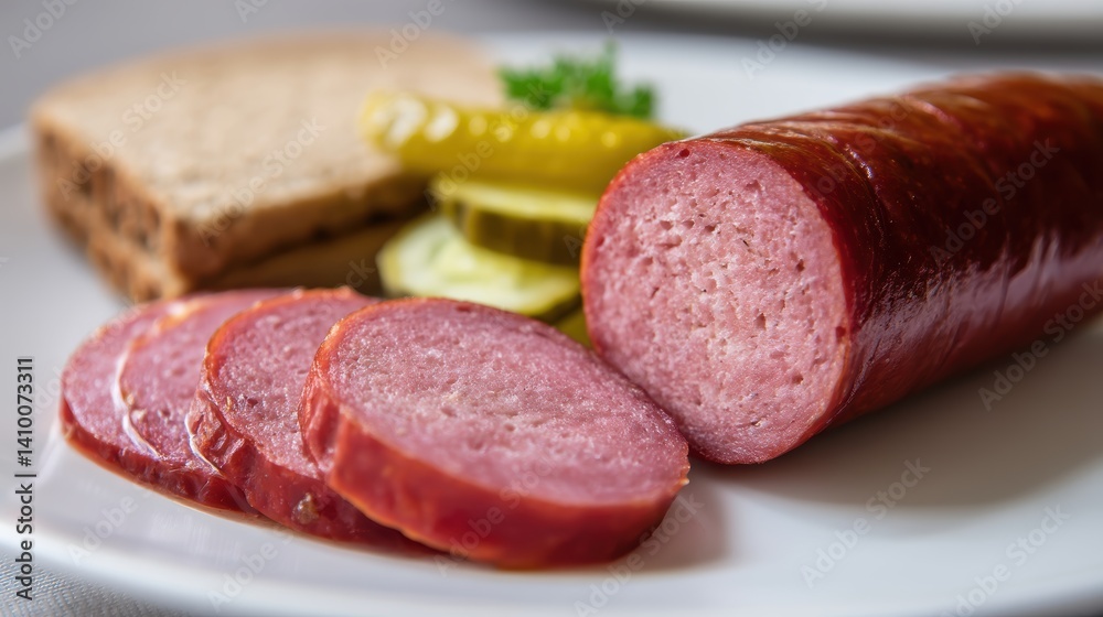Delicious smoked sausage with rustic bread and fresh pickles on a white plate in soft light Delicious smoked sausage with rustic bread and fresh pickles on a white plate in soft light