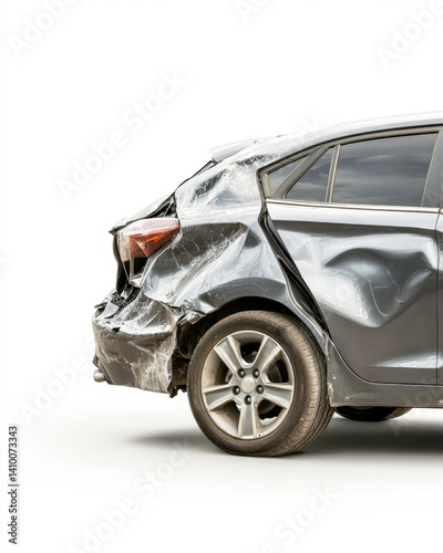 Gray compact car with significant collision damage isolated on a white background